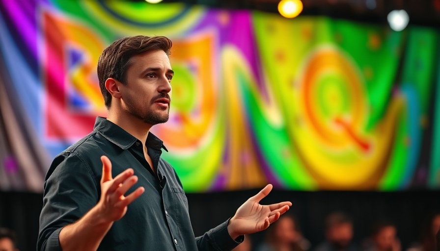 Speaker presenting Bunq crypto trading service against colorful banner.