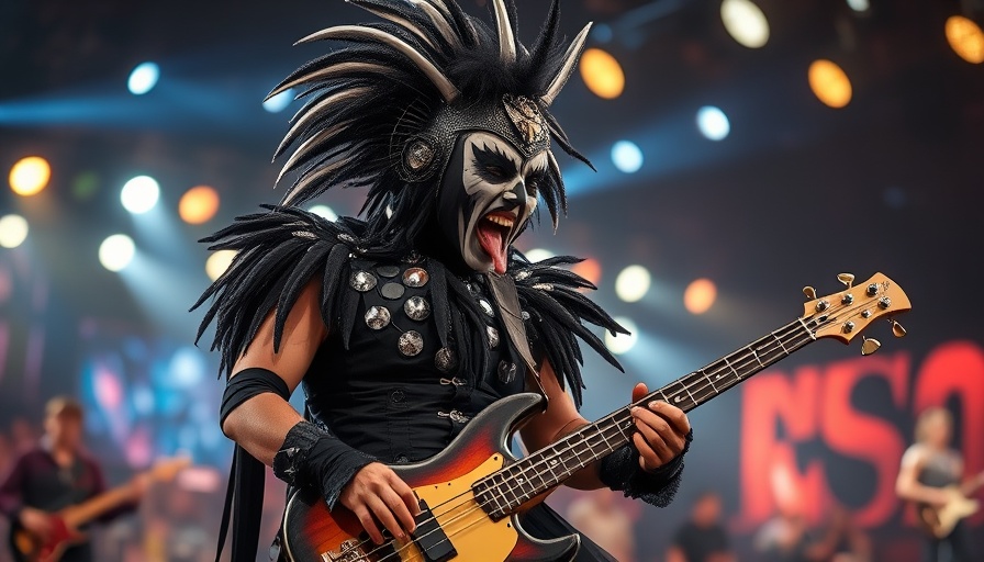 Musician in stage costume performing with bass guitar.