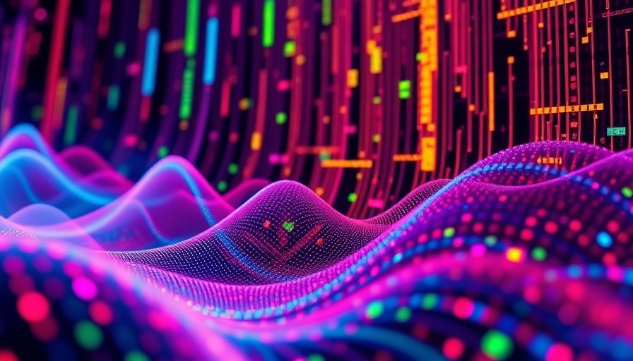 Dynamic data waves illustrating DeepMind's self-evolving AI coding agent.