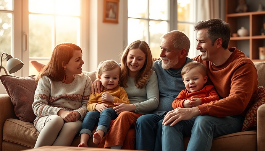 Family bonding in cozy living room, natural sunlight, personalized gene-editing drug.
