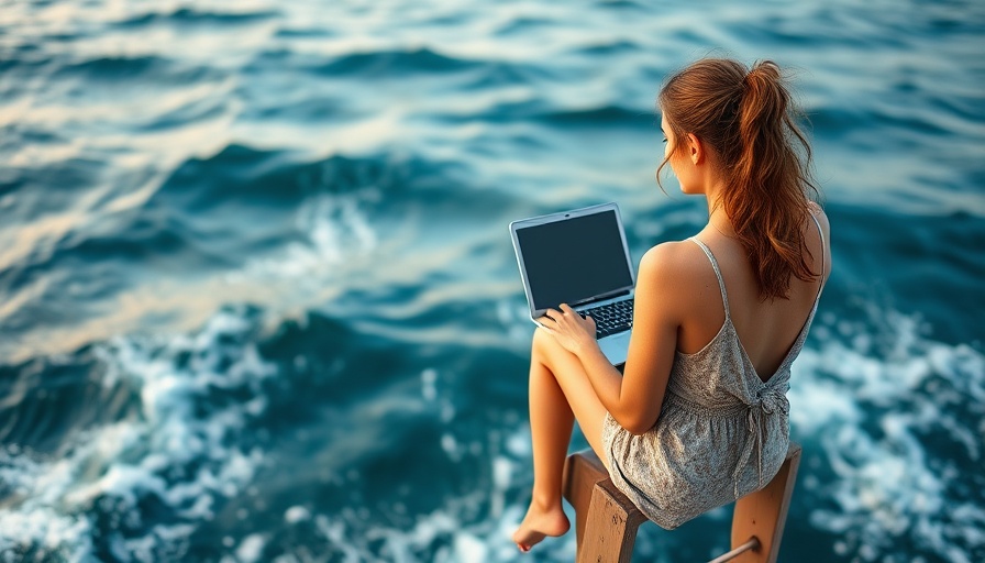 Digital nomad lifestyle challenges: woman on ladder over ocean with laptop