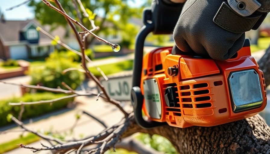 Chainsaw held near tree branches, avoiding professional tree pruning mistakes.