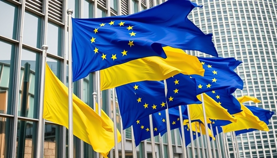 EU AI Act Regulation Challenges depicted by EU flags waving in front of modern building.