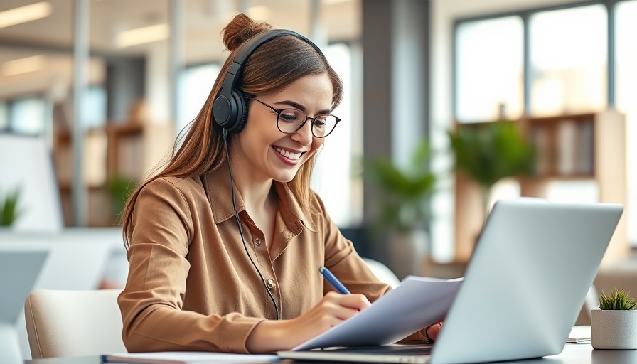 Smiling woman with headset working on laptop for best CRMs for utilities in 2025.