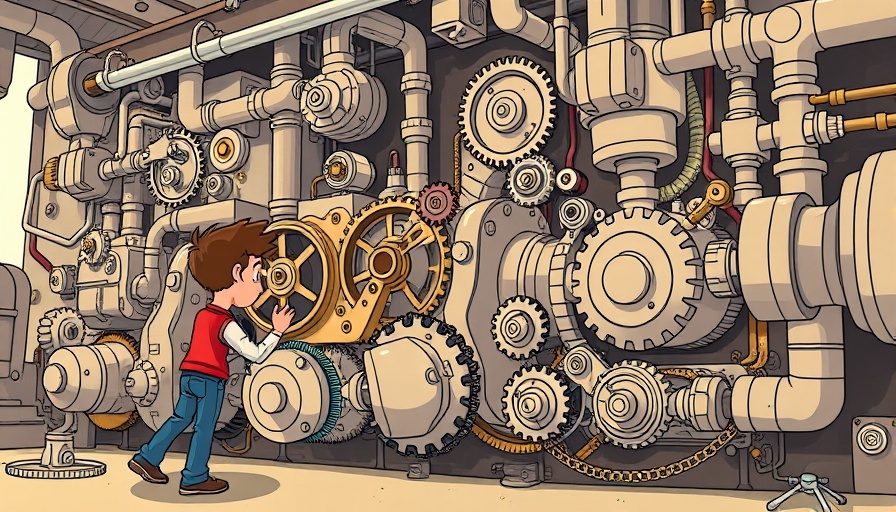 Whimsical illustration of AI automation opportunities in business, featuring machinery and a person.