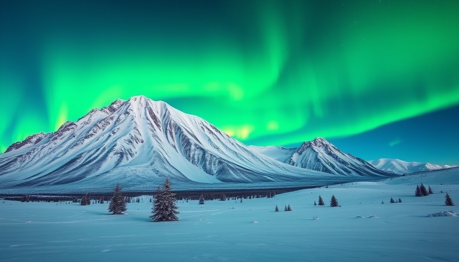 Arctic scene with northern lights over snowy mountains, AI factory in the Arctic.