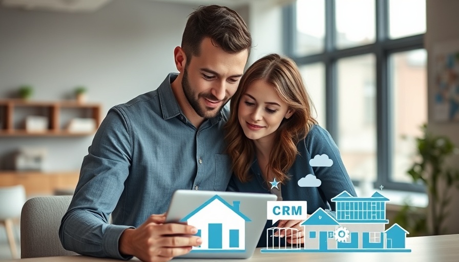 Young couple discusses mortgage CRM options in modern office.