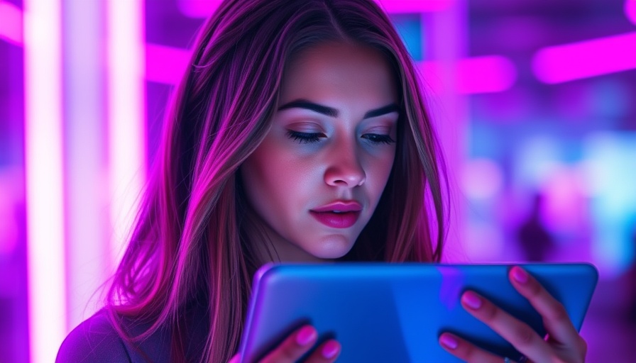Futuristic scene with woman using translucent device, vibrant neon lighting.