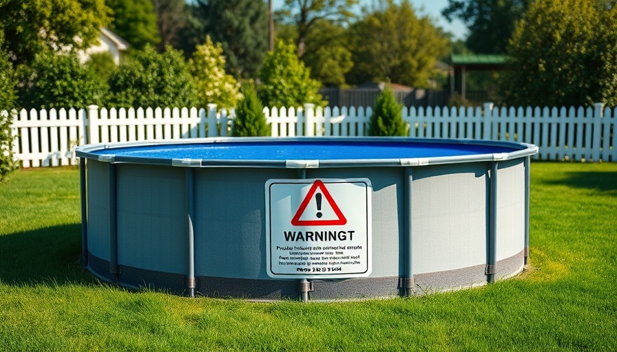 Above-ground pool with product recall warning sign in a sunny garden.