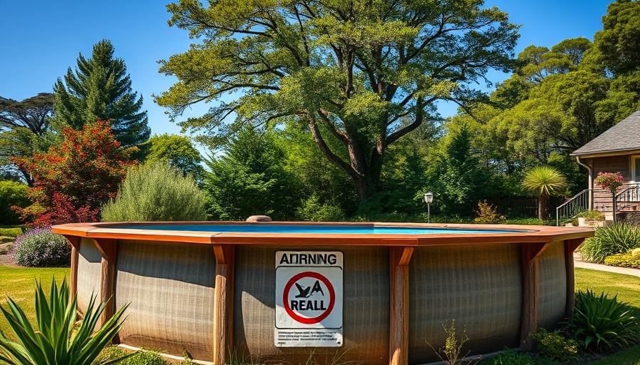 5 Million Above-Ground Pools Recalled with warning sign in garden.