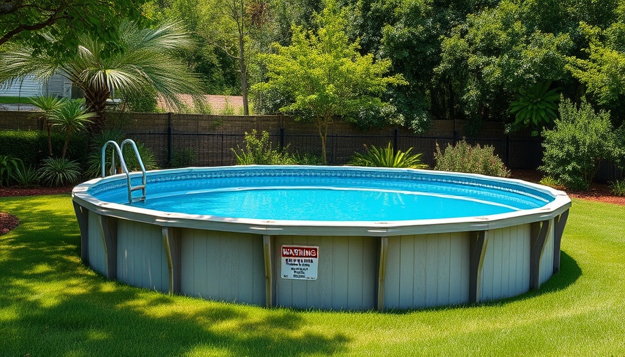 Above-ground pool with product recall sign in garden.