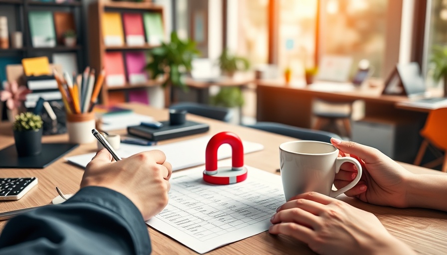 What is a lead magnet: hands at a desk with lead magnet visuals and coffee.