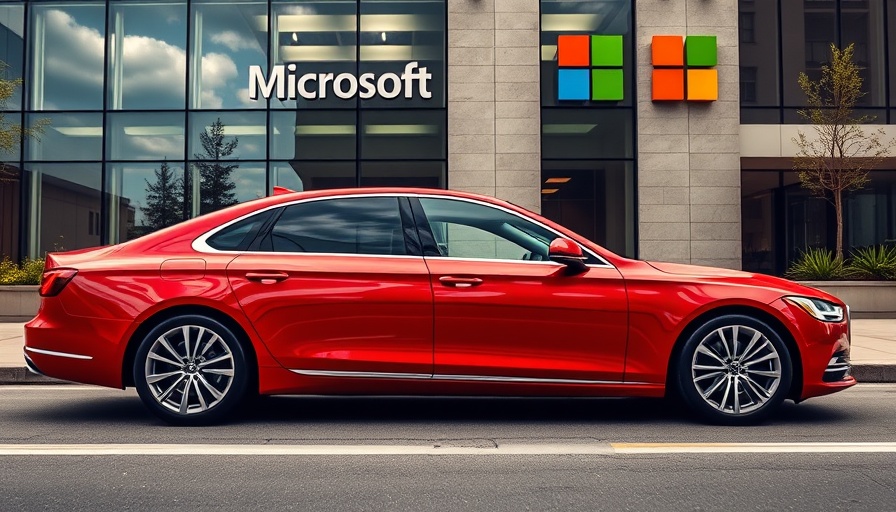 Sleek red car near Microsoft, symbolizing tech integration.