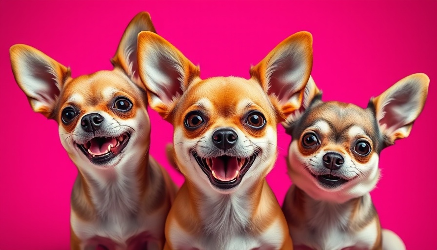 Three colorful chihuahuas against a magenta background, neon style.