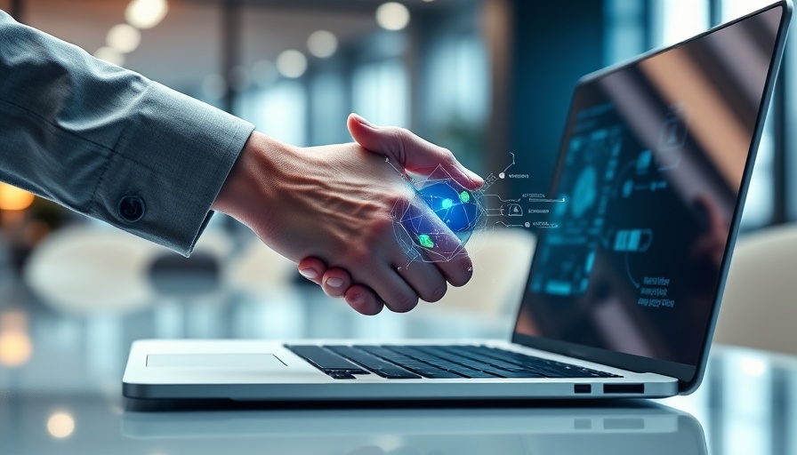 AI in recruitment: Futuristic digital handshake from laptop.