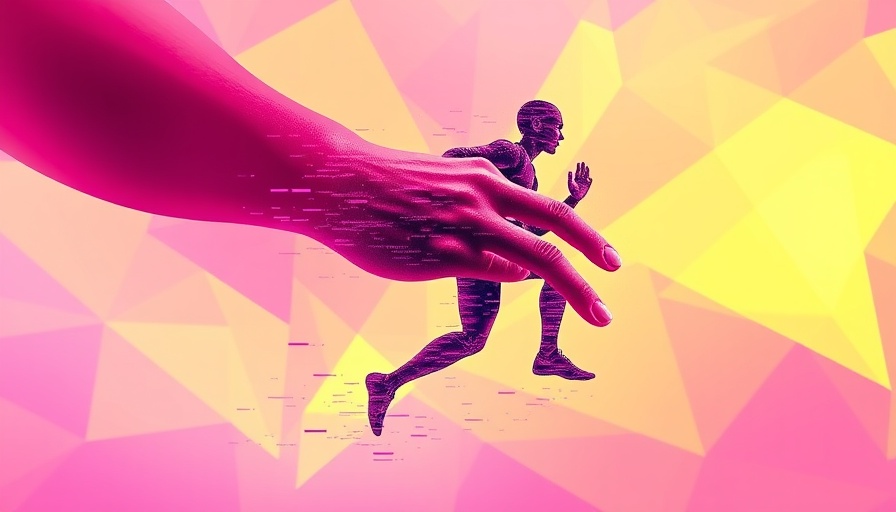 Abstract art of AI progress with a pixelated hand and a figure running, representing self-improvement.