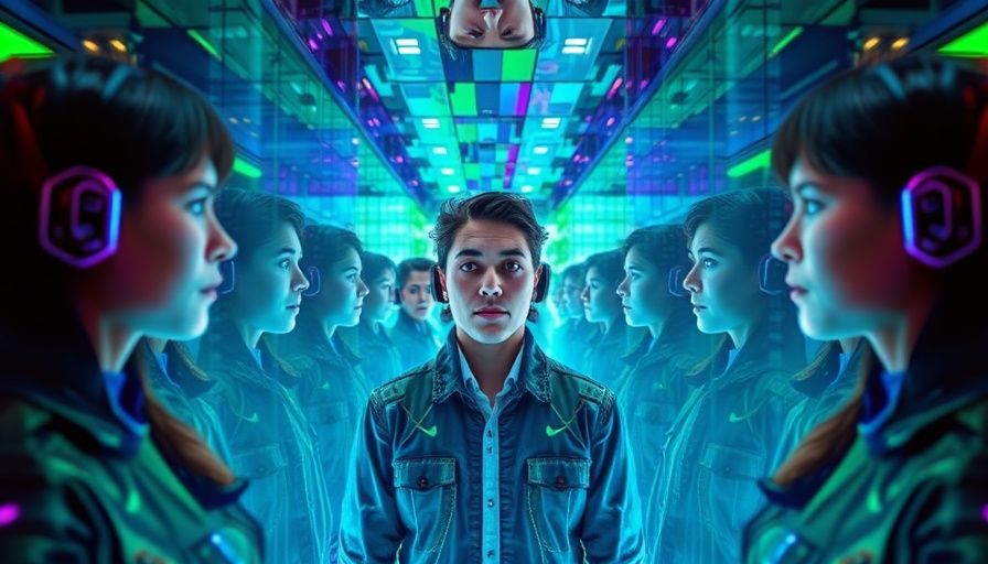 Abstract digital art depicting GPT-5 AI advancements with mirrored figures and colorful displays.