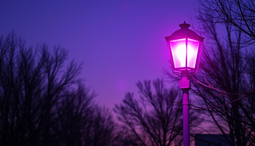 Vibrant purple street lamp glowing in the evening sky, purple street lights meaning.