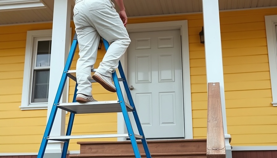 Person safely using a ladder on stairs outside a house.