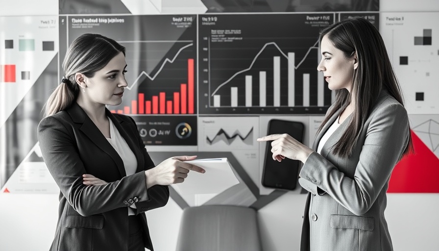 Three businesswomen discussing data, colorful modern design