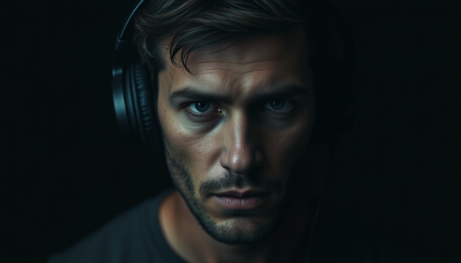 Focused man in headphones on a podcast cover in dark setting.
