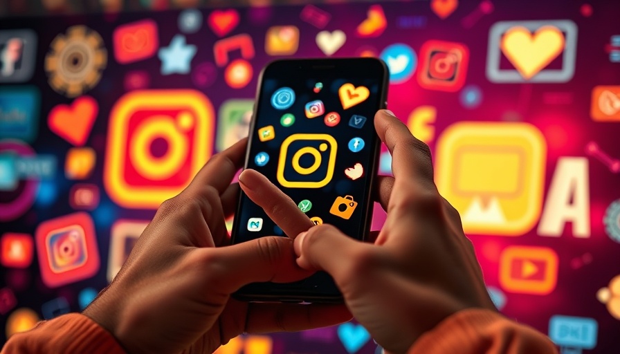 Hands using smartphone with Instagram icons, AI tools for Instagram marketing concept.