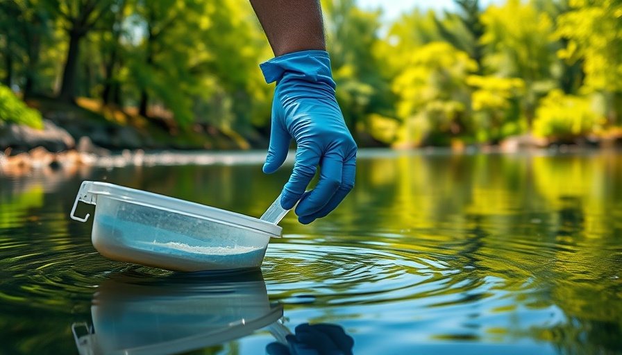 Water sample collection from a river with lush greenery.
