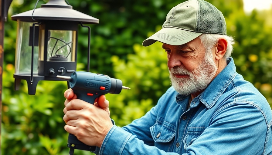 Man using drill outside wearing protective gear for summer DIY projects.