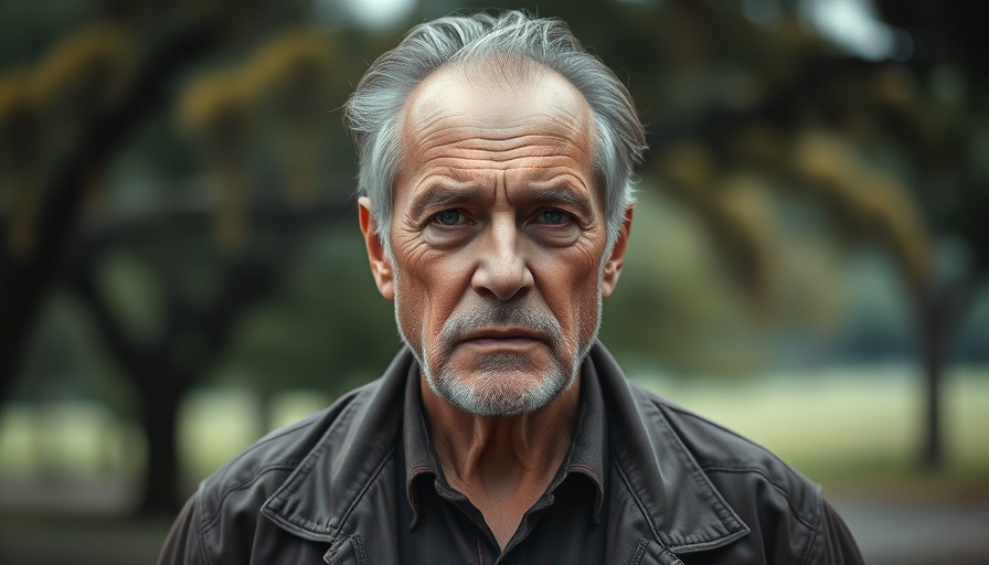 Serious older man standing outdoors with blurred trees.