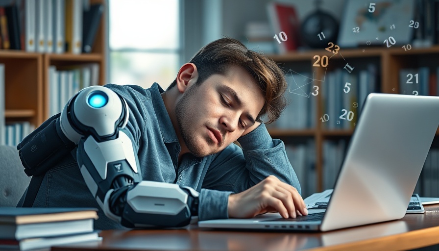 Young man asleep beside a robot engaged in calculations, questioning if ChatGPT makes us dumb and lazy.