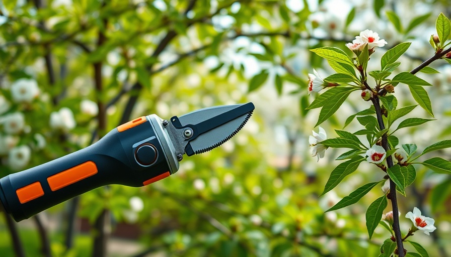 Electric pruning tool cutting tree branch for health and growth.