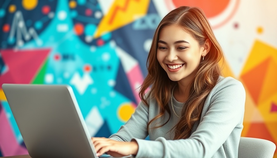 Benefits of blogging for business: woman blogging with abstract marketing background.