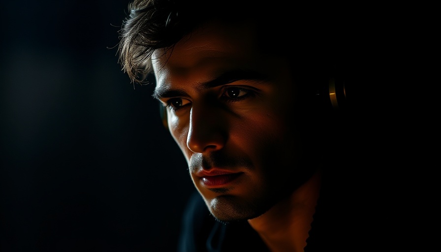 Moody portrait of a man with headphones, deep in thought.