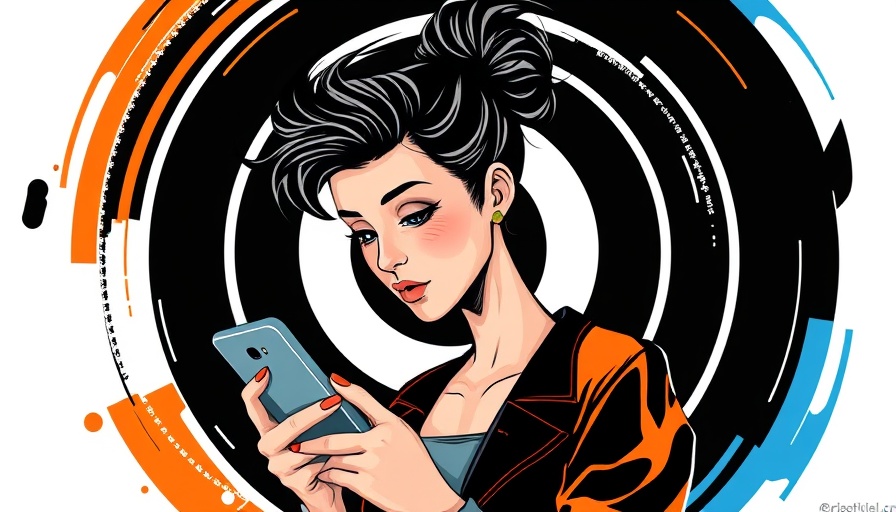 Young woman with smartphone contemplating target, modern graphic