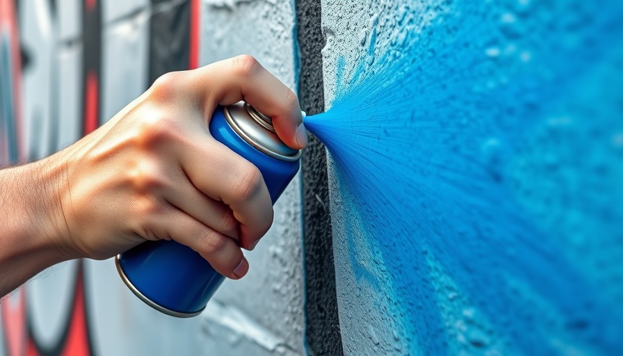 Close-up hand spray painting wall, graffiti art technique.