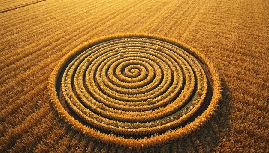 Aerial view of intricate crop circles in a golden wheat field, symbolizing crop circles meaning.