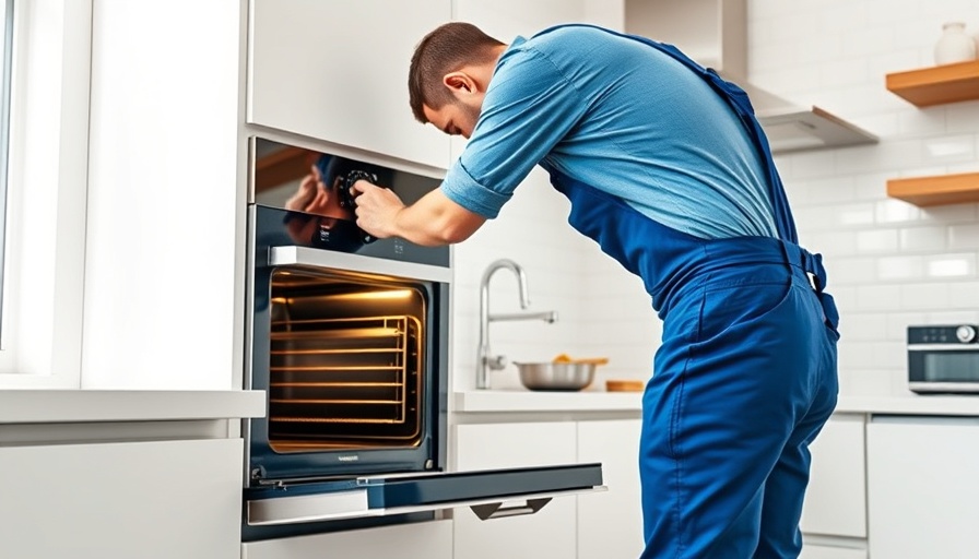 Worker installing modern oven in old home kitchen.