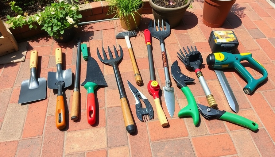 Essential gardening tools for homeowners displayed on a brick patio.