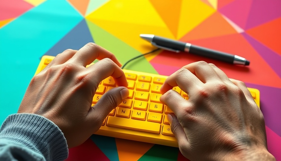 Colorful keyboard and hands, illustrating brand voice importance.