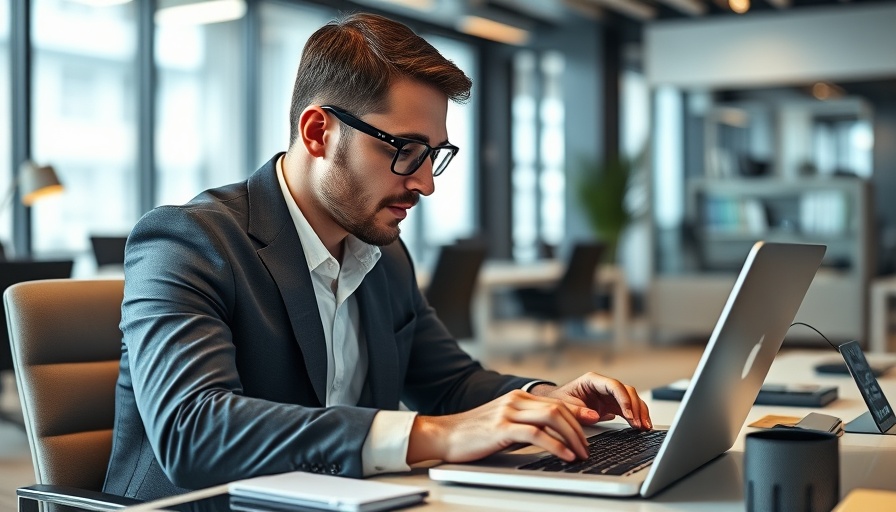 Focused businessman coding in a modern office, vibe coding enterprise transformation.