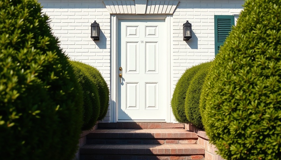 Well-insulated storm door with shrubs and white brick exterior.