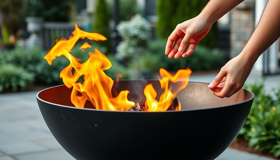Modern fire pit with flickering flame on driveway.