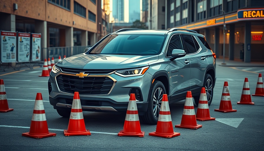 Chevy vehicles recalled for fuel leak safety hazard illustration, urban scene
