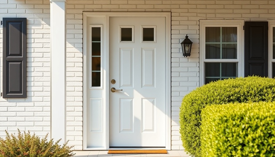 Insulate your storm door with a white door featuring frosted glass and small windows.