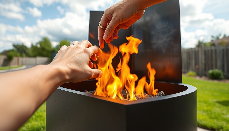 Adjusting modern fire pit with flame in lush yard; how to clean fire pit guide.