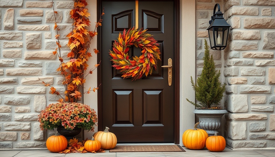 Autumn wreath and pumpkins decorate a front door, embodying 'Prepare Your Home for Fall'.