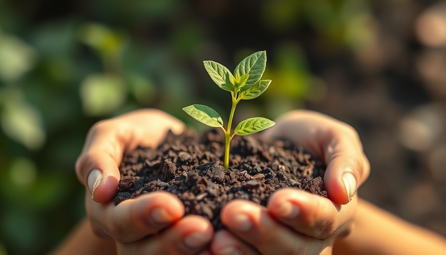 Hands hold soil and plant, symbolizing climate transition in renewable energy.