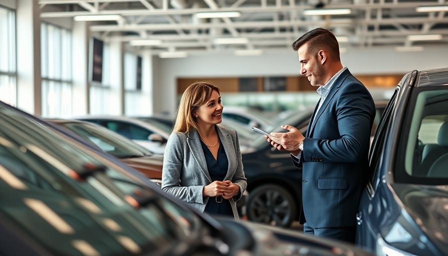 Man and woman discussing car features in dealership showroom.