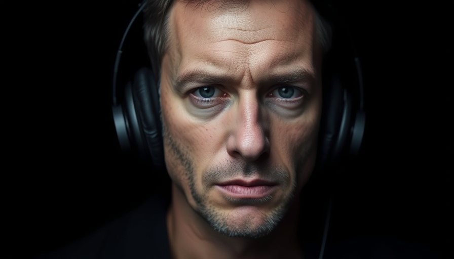 Moody podcast image of a man in headphones with a bold and intense atmosphere, epitomizing powerful motivational speeches.