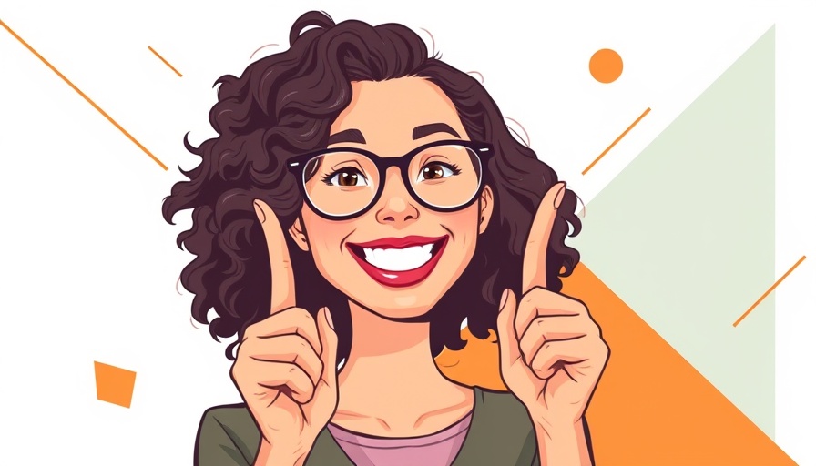Curly-haired woman pointing up with geometric shapes, Brand Strategy Essentials.